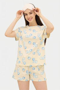 Sweet Dreams Geometric Printed Short Set - Light Yellow — thumbnail 3